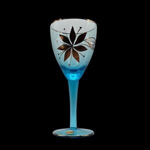 Vintage Blue Gold Floral Wine Glasses Set of 3 Aqua Stemware 6.75”
